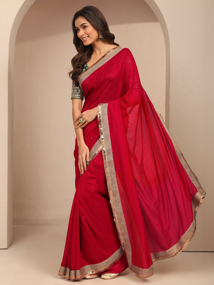 Libas Red Embellished Silk Blend Saree With Unstitched Blouse Piece