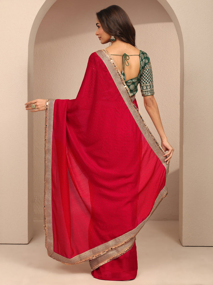 Red Embellished Silk Blend Saree With Unstitched Blouse Piece