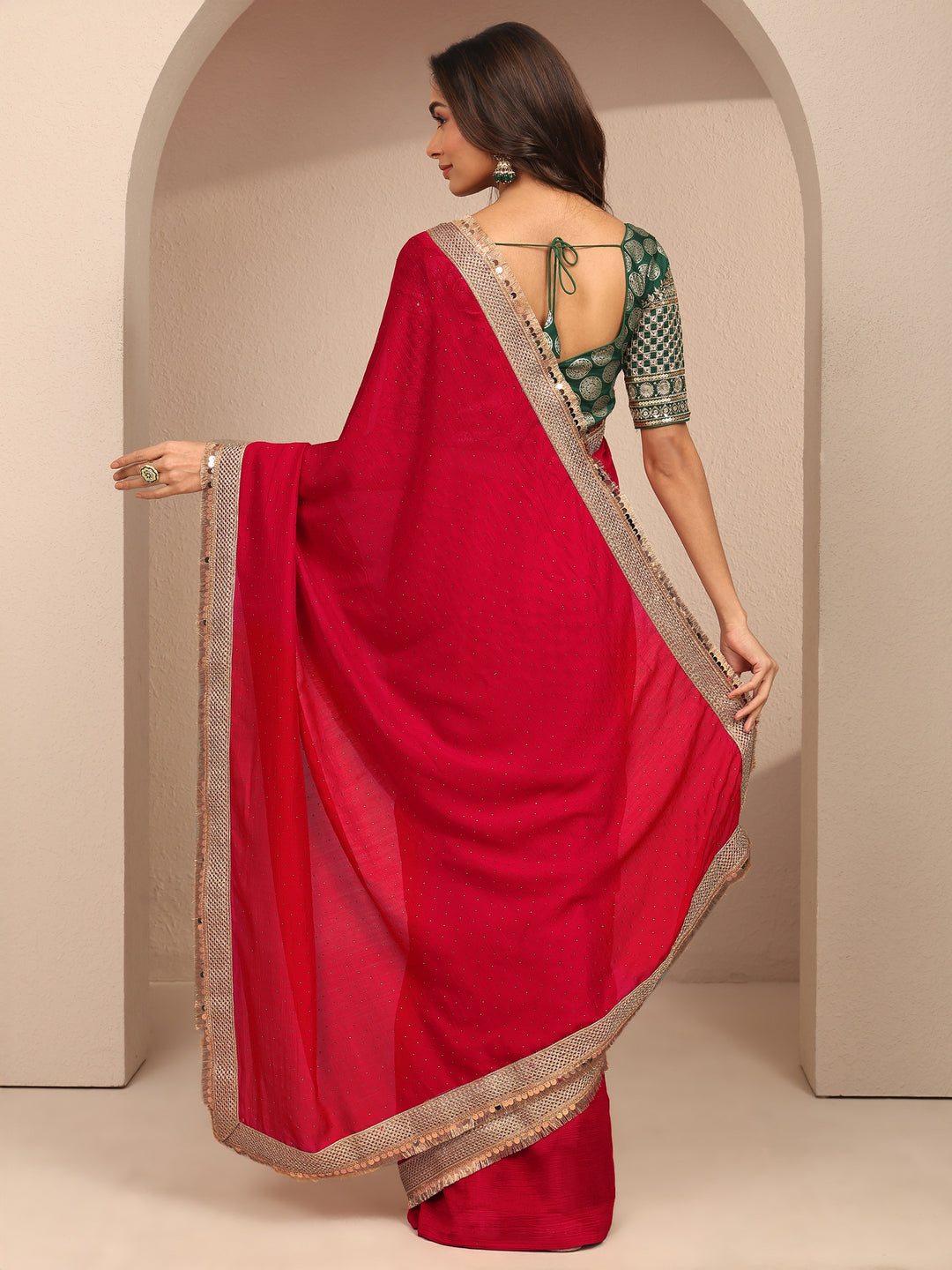 Libas Red Embellished Silk Blend Saree With Unstitched Blouse Piece