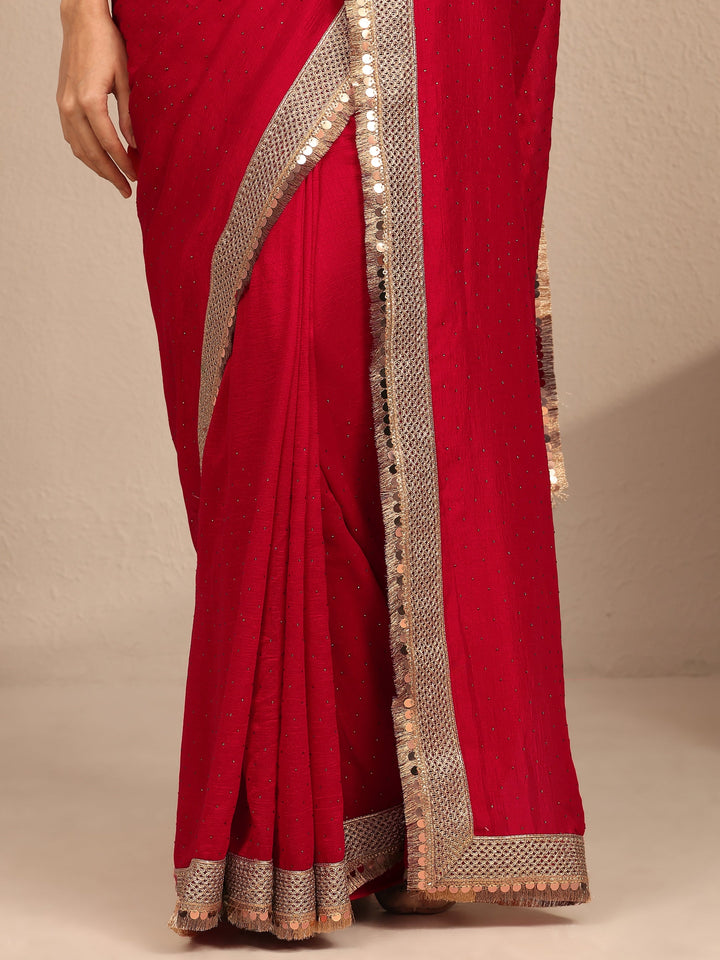 Red Embellished Silk Blend Saree With Unstitched Blouse Piece