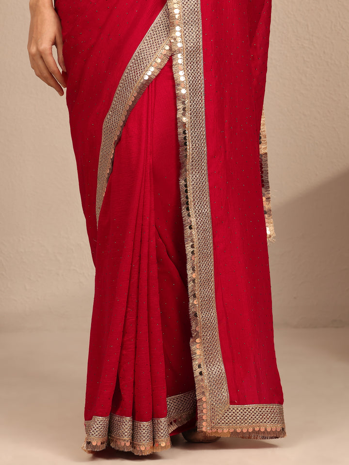 Libas Red Embellished Silk Blend Saree With Unstitched Blouse Piece