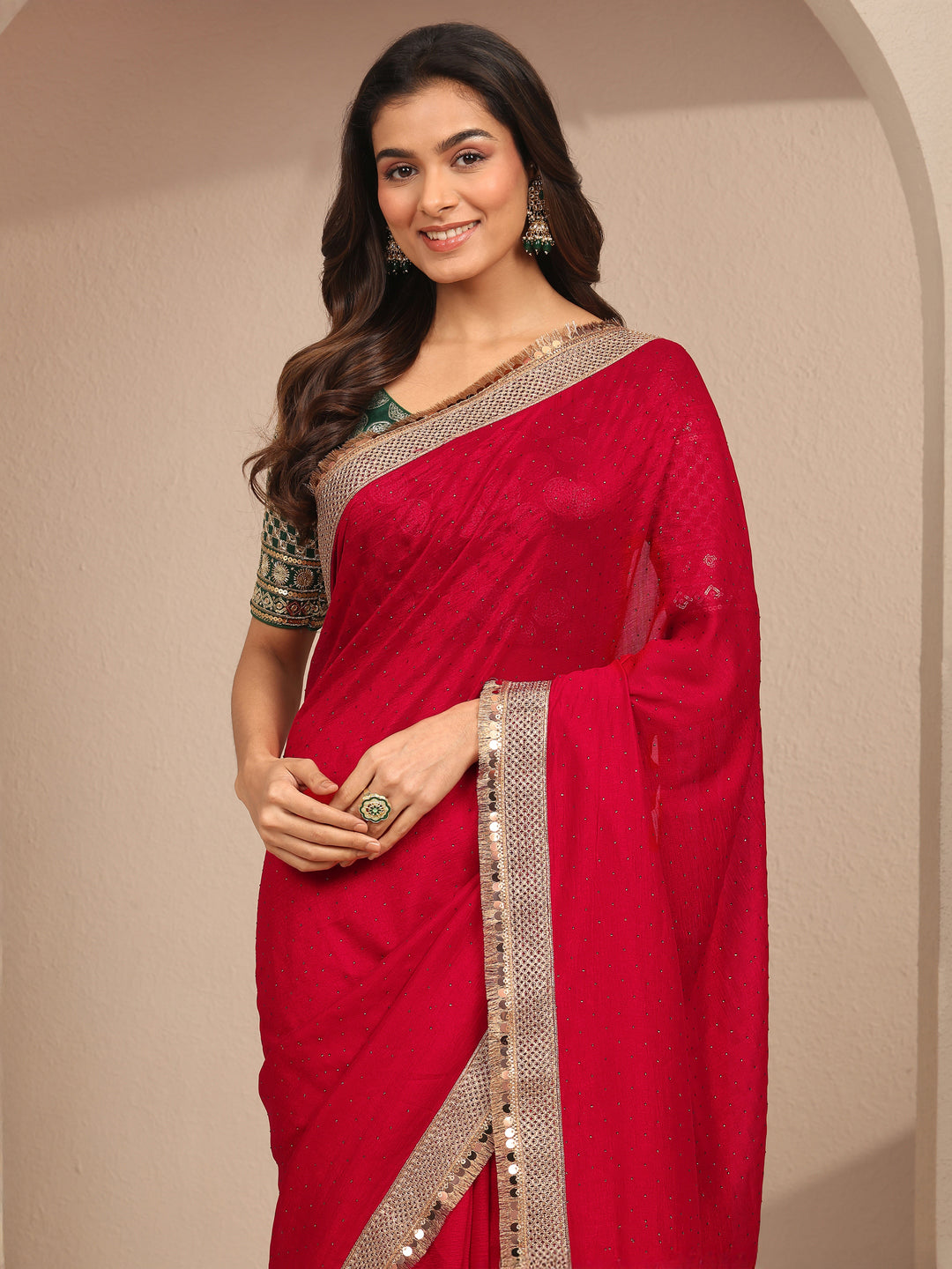 Libas Red Embellished Silk Blend Saree With Unstitched Blouse Piece