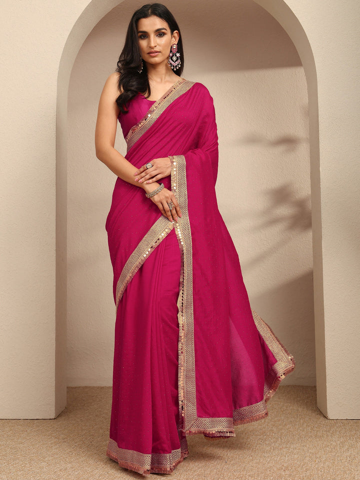 Pink Embellished Silk Blend Saree With Unstitched Blouse Piece