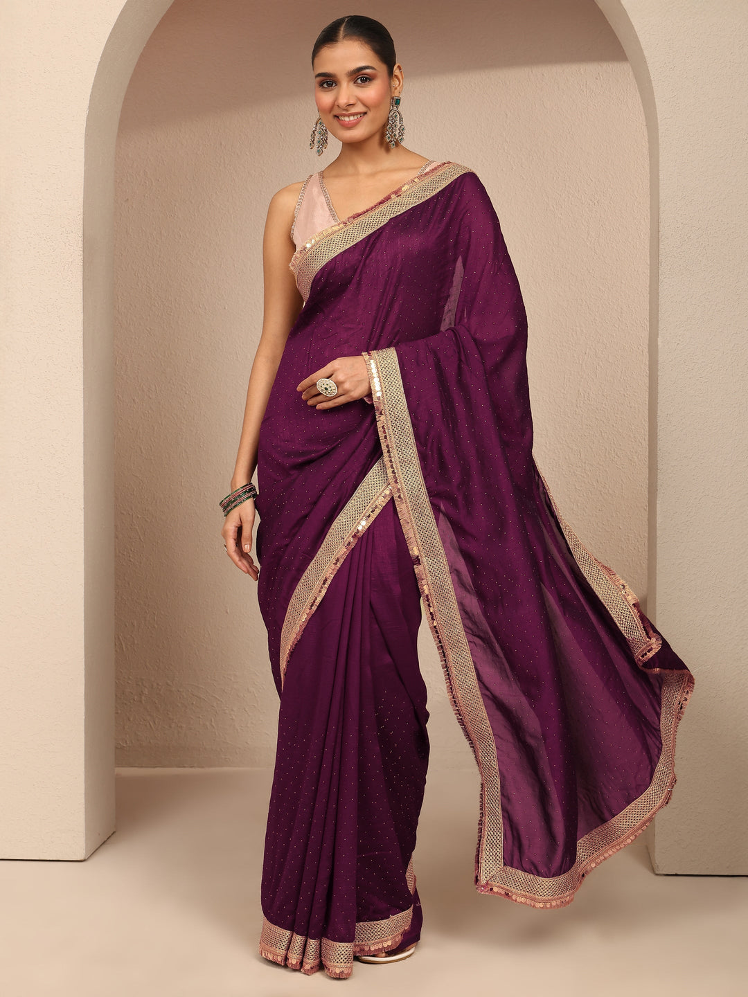 Burgundy Embellished Silk Blend Saree With Unstitched Blouse Piece