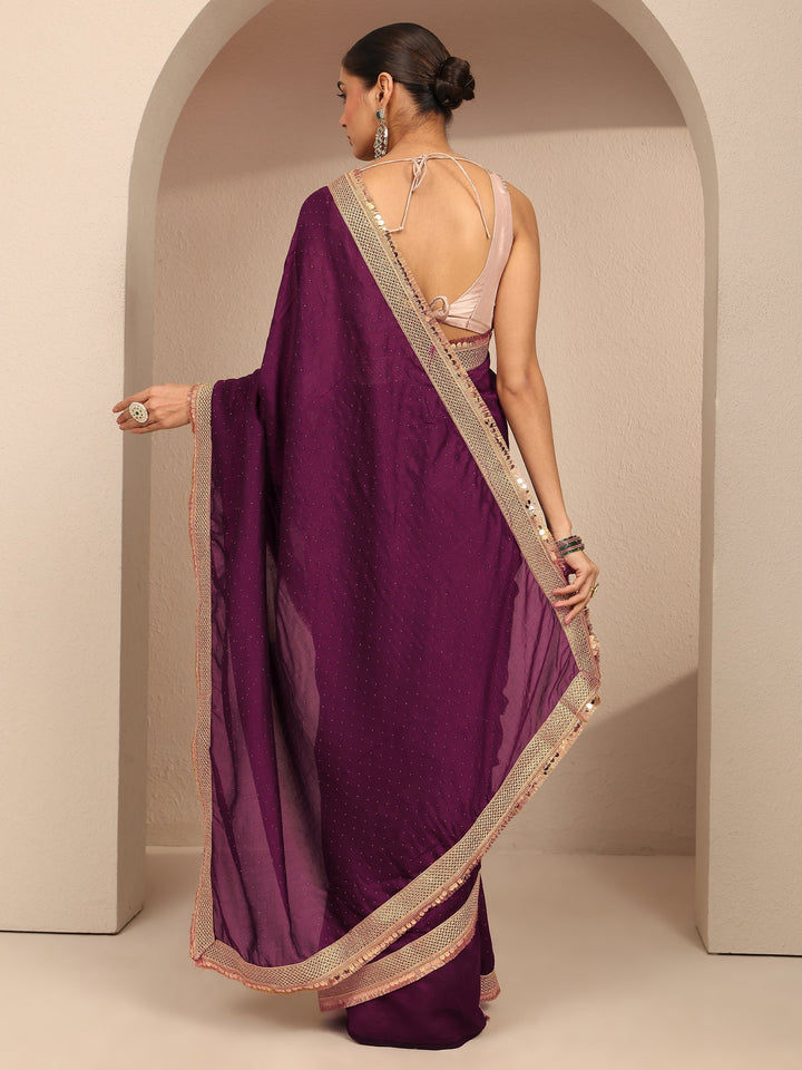 Burgundy Embellished Silk Blend Saree With Unstitched Blouse Piece