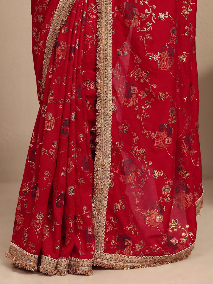 Red Tribal Printed Silk Blend Saree With Unstitched Blouse Piece