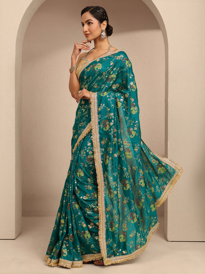 Blue Tribal Printed Silk Blend Saree With Unstitched Blouse Piece