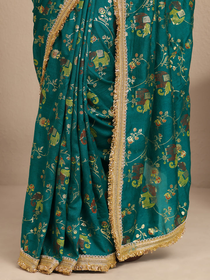 Blue Tribal Printed Silk Blend Saree With Unstitched Blouse Piece