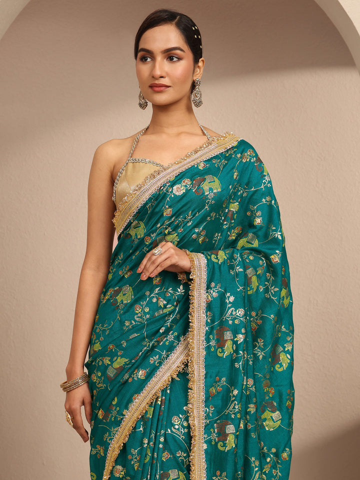 Blue Tribal Printed Silk Blend Saree With Unstitched Blouse Piece