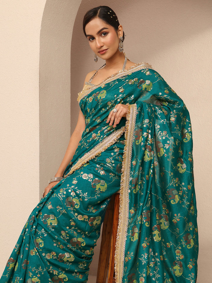 Blue Tribal Printed Silk Blend Saree With Unstitched Blouse Piece