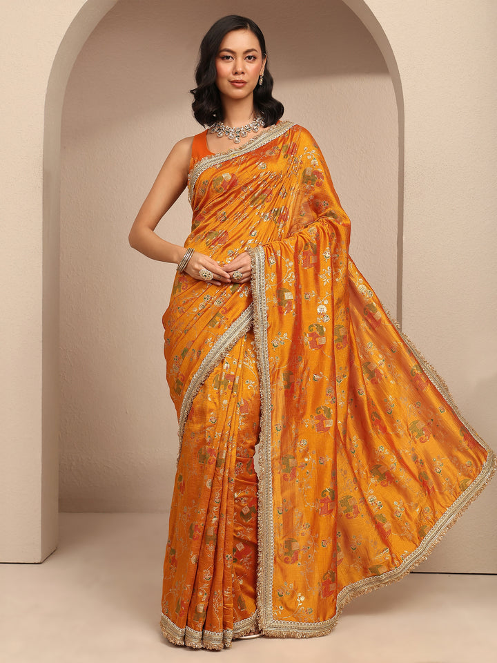 Libas Mustard Tribal Printed Silk Blend Saree With Unstitched Blouse Piece