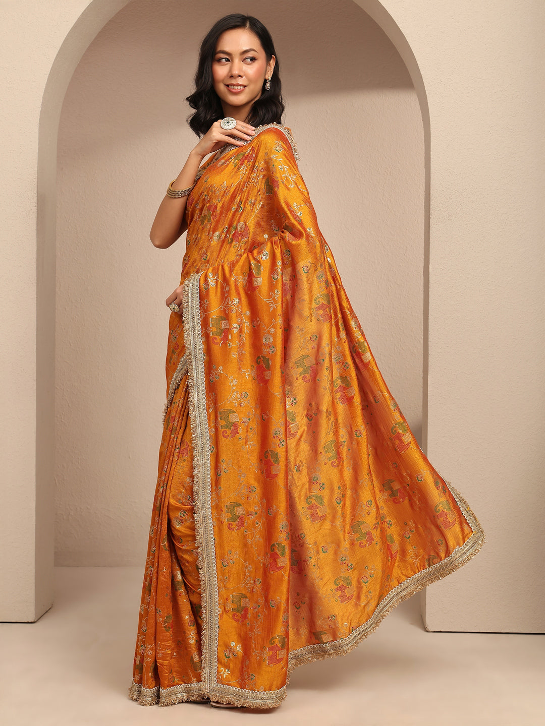 Libas Mustard Tribal Printed Silk Blend Saree With Unstitched Blouse Piece