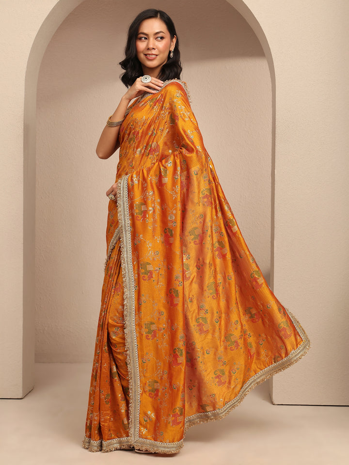 Libas Mustard Tribal Printed Silk Blend Saree With Unstitched Blouse Piece