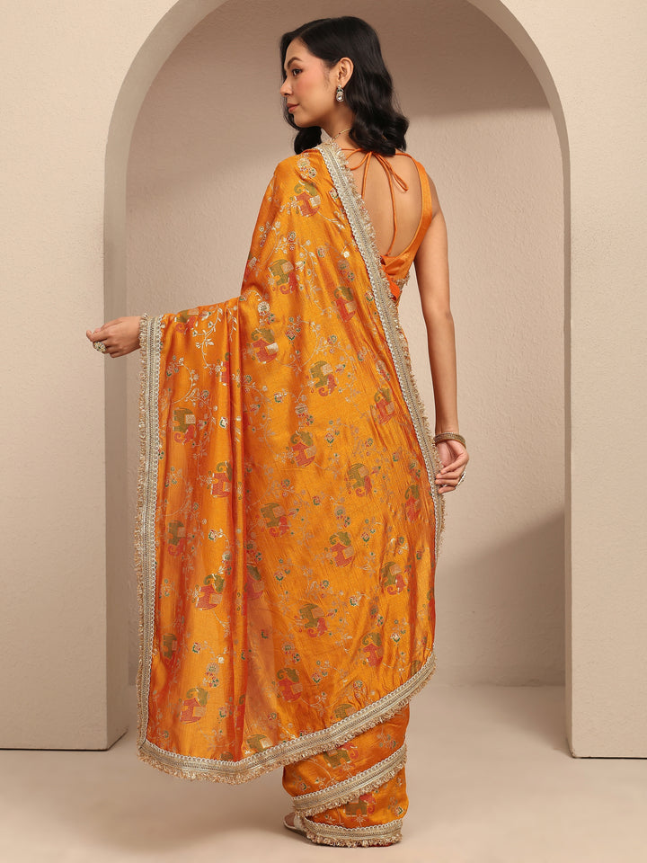 Libas Mustard Tribal Printed Silk Blend Saree With Unstitched Blouse Piece