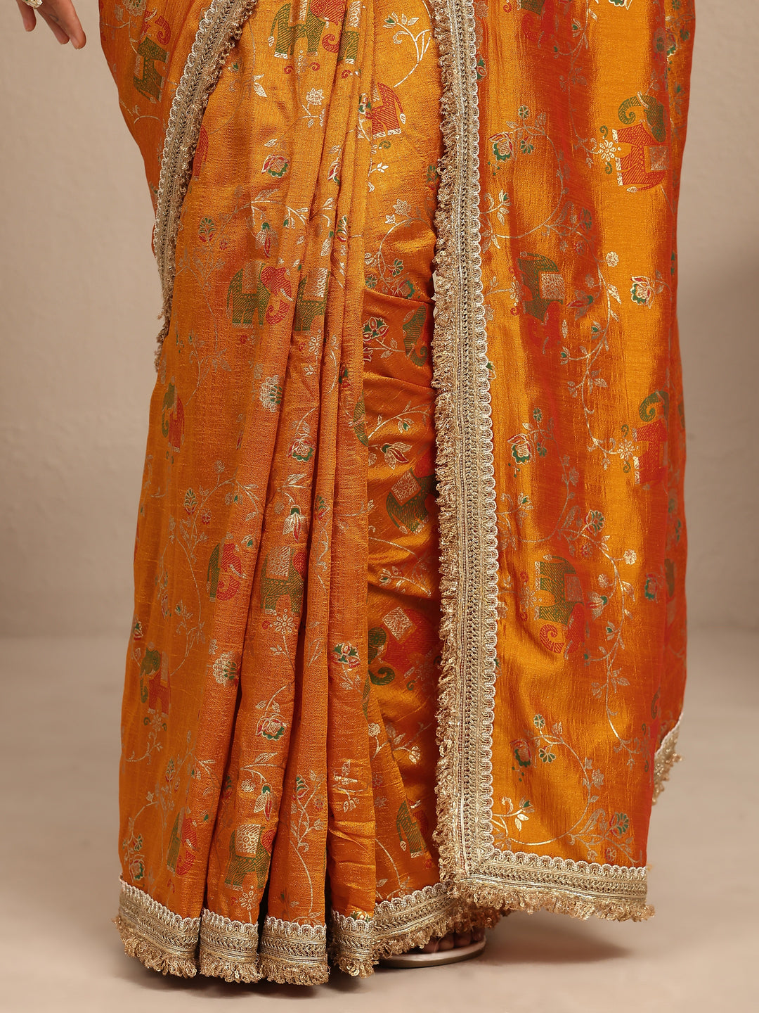 Libas Mustard Tribal Printed Silk Blend Saree With Unstitched Blouse Piece
