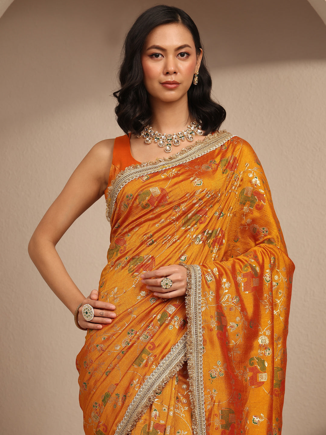 Libas Mustard Tribal Printed Silk Blend Saree With Unstitched Blouse Piece