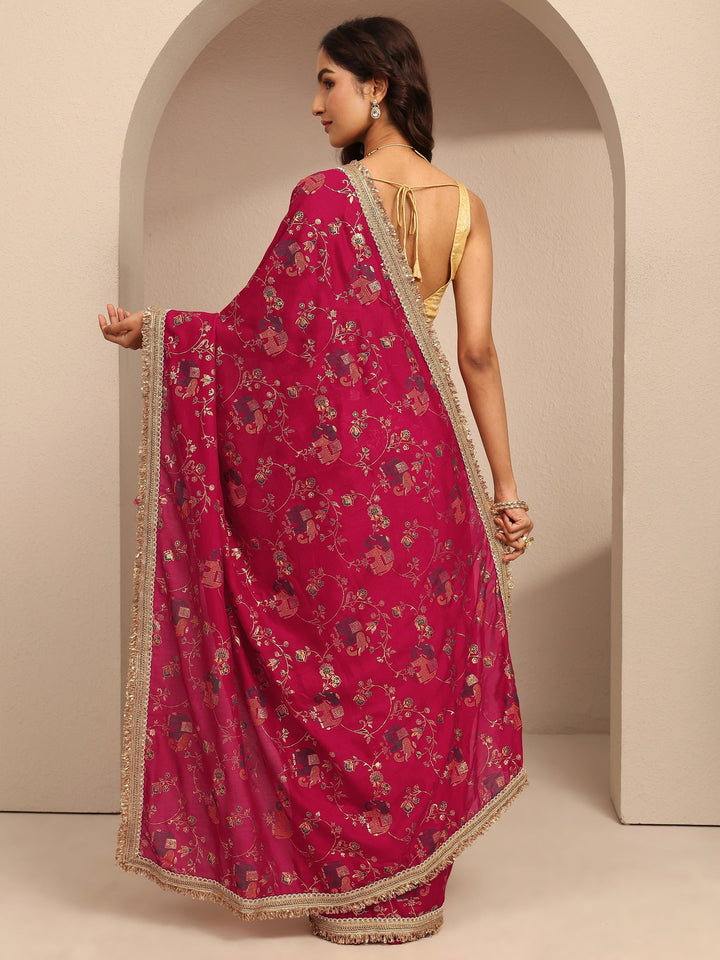 Pink Tribal Printed Silk Blend Saree With Unstitched Blouse Piece