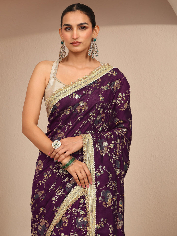 Burgundy Tribal Printed Silk Blend Saree With Unstitched Blouse Piece