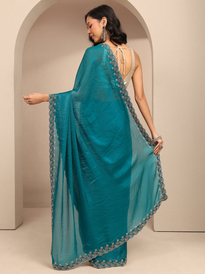 Blue Solid Silk Blend Saree With Unstitched Blouse Piece