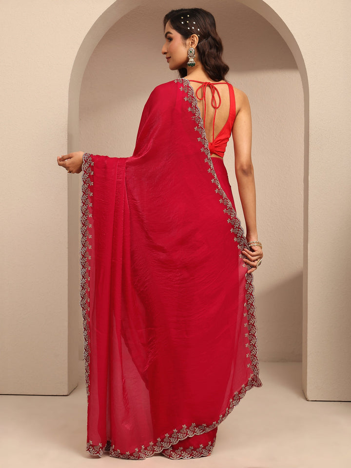 Red Solid Silk Blend Saree With Unstitched Blouse Piece