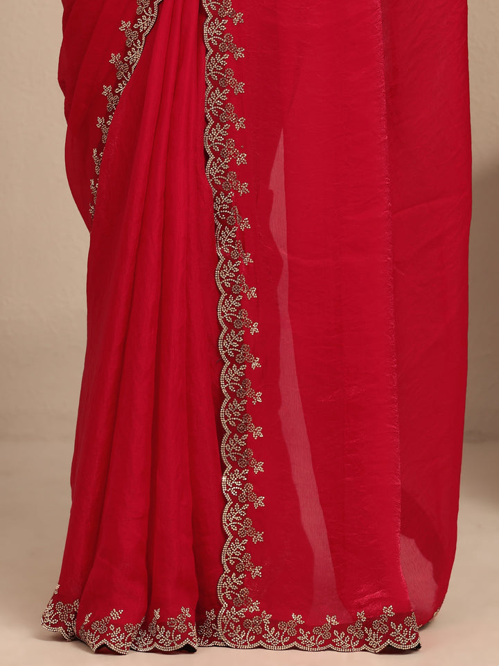 Red Solid Silk Blend Saree With Unstitched Blouse Piece