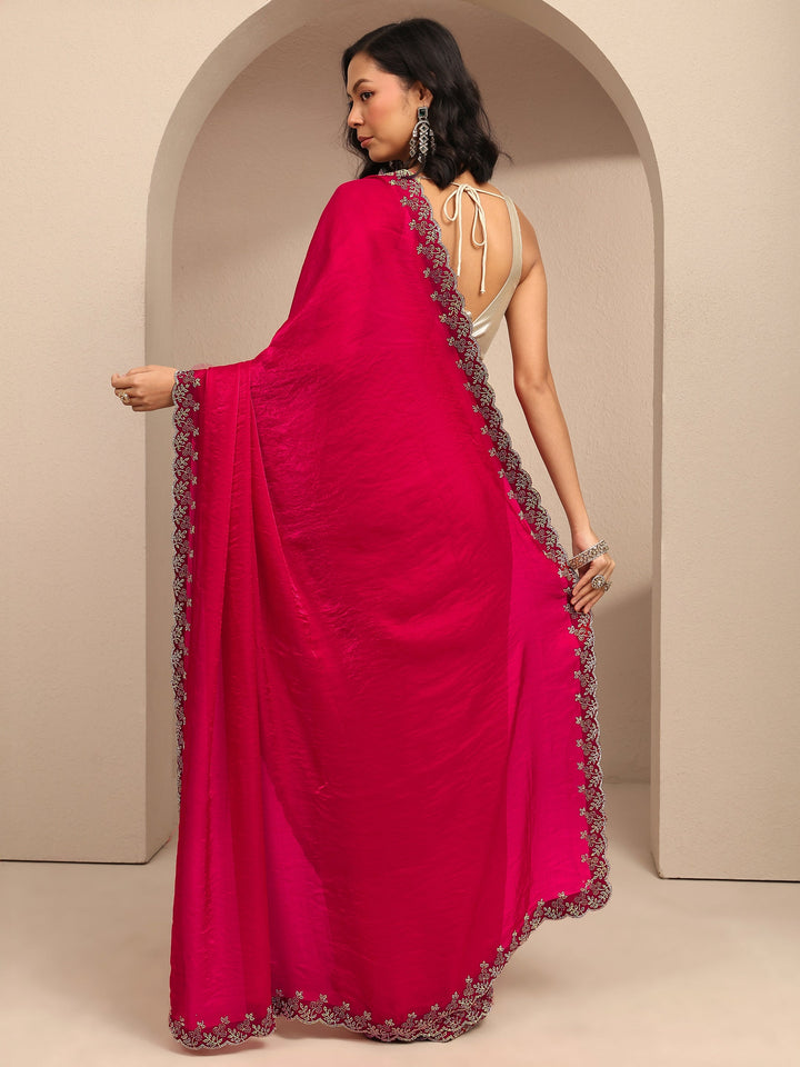 Pink Solid Silk Blend Saree With Unstitched Blouse Piece