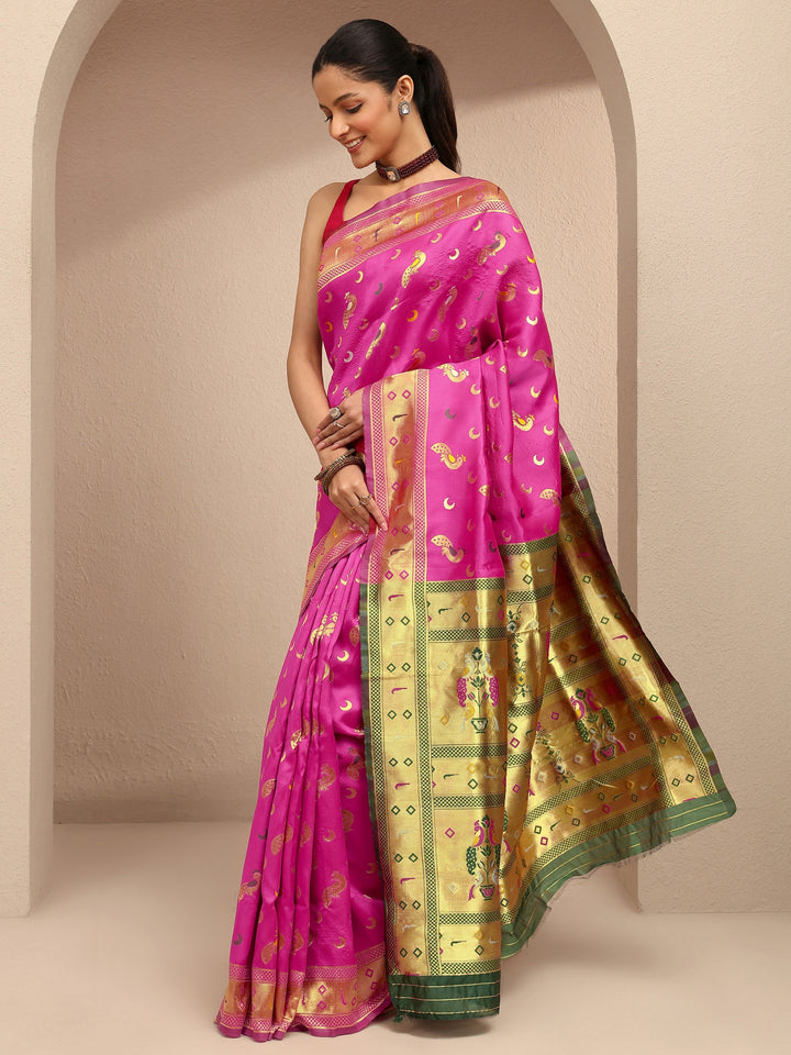 Pink Woven Design Silk Blend Banarasi Saree With Unstitched Blouse Piece