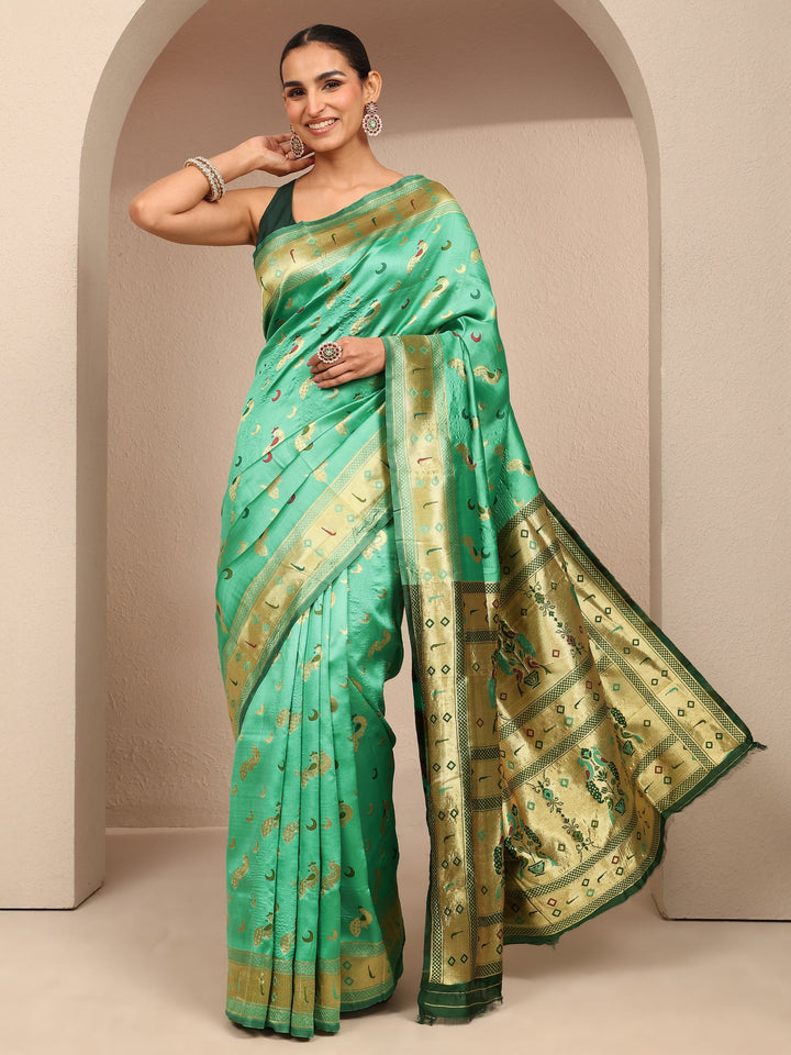 Green Woven Design Silk Blend Banarasi Saree With Unstitched Blouse Piece