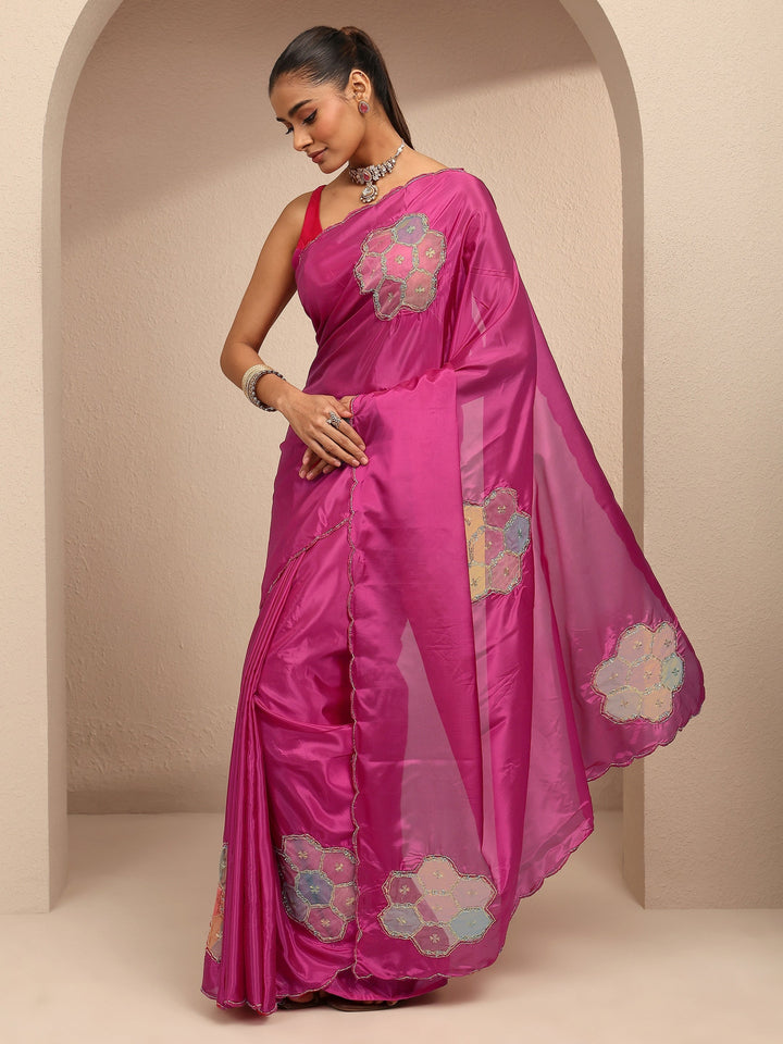 Pink Geometric Embellished Silk Blend Saree With Unstitched Blouse Piece