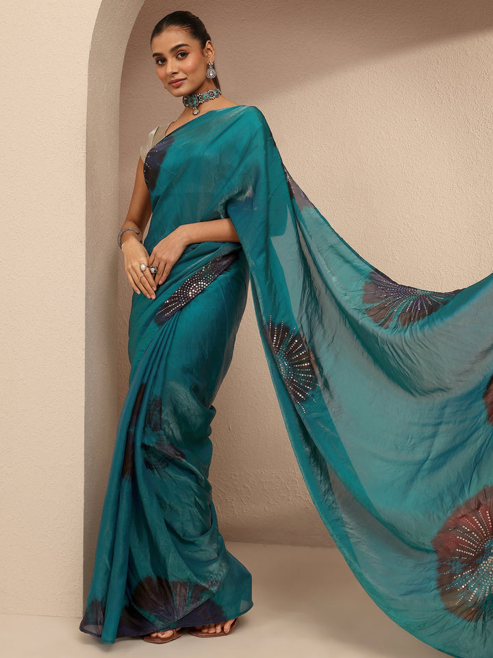 Blue Geometric Embellished Silk Blend Saree With Unstitched Blouse Piece