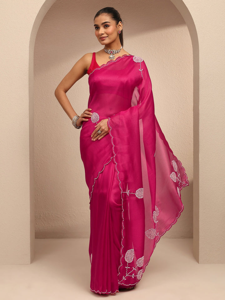 Pink Embellished Silk Blend Saree With Unstitched Blouse Piece