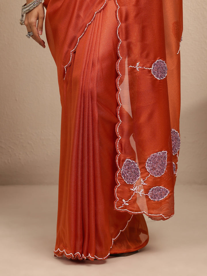 Rust Embellished Silk Blend Saree With Unstitched Blouse Piece