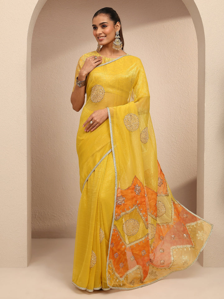Yellow Embellished Silk Blend Saree With Unstitched Blouse Piece