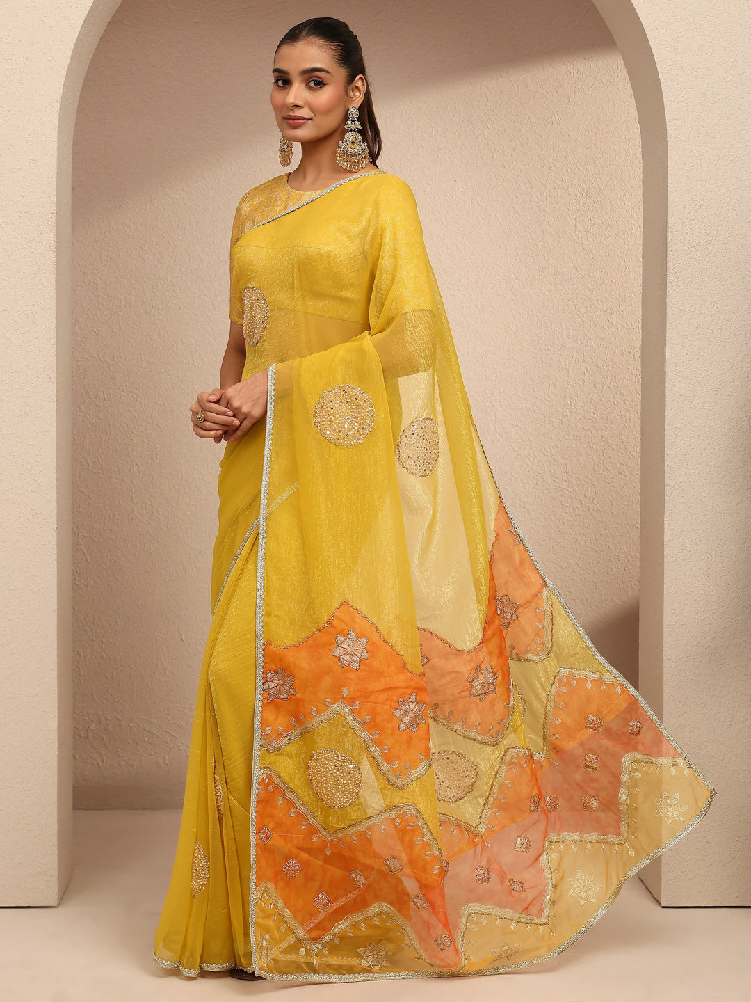 Yellow Embellished Silk Blend Saree With Unstitched Blouse Piece