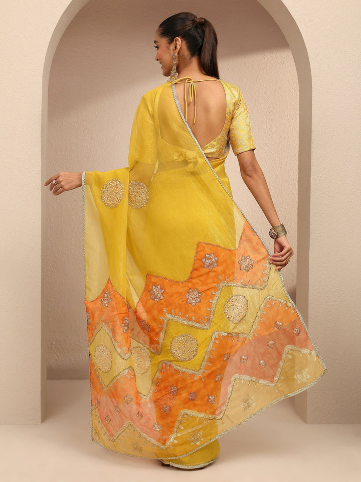 Yellow Embellished Silk Blend Saree With Unstitched Blouse Piece