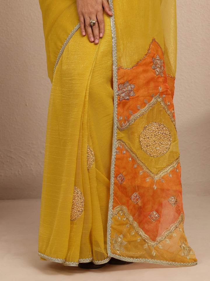 Yellow Embellished Silk Blend Saree With Unstitched Blouse Piece