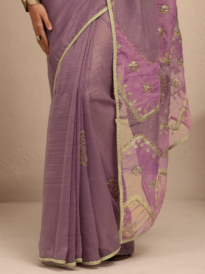 Lavender Embellished Silk Blend Saree With Unstitched Blouse Piece