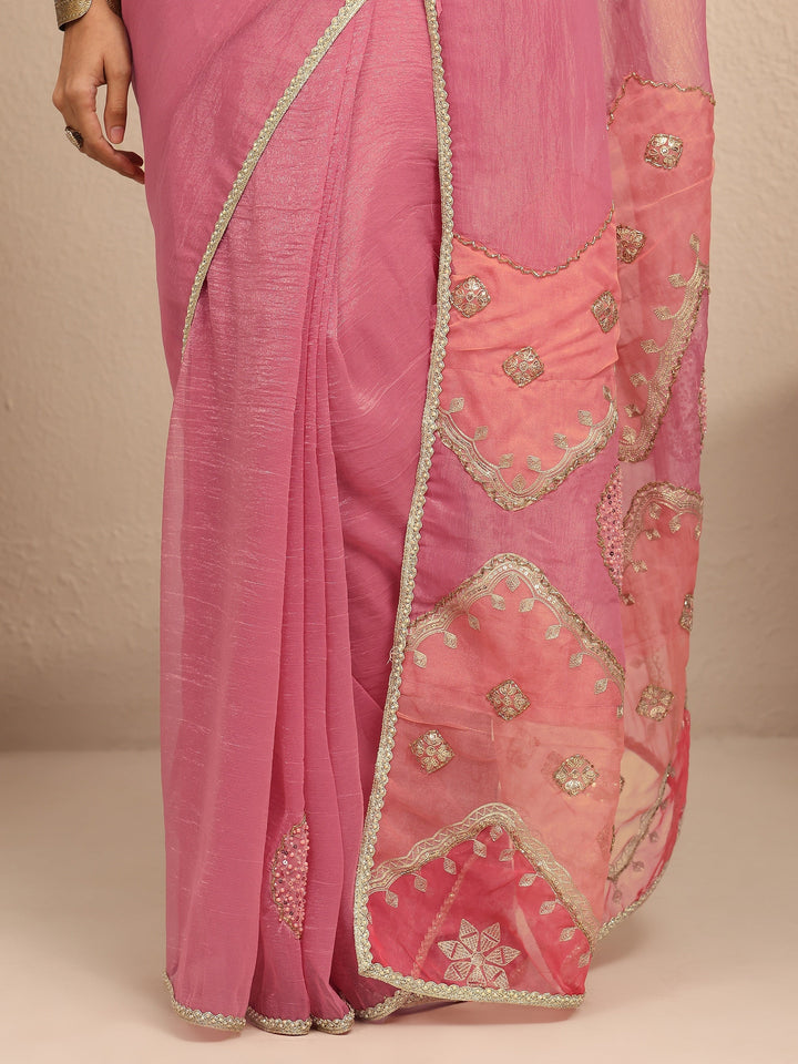 Peach Embellished Silk Blend Saree With Unstitched Blouse Piece