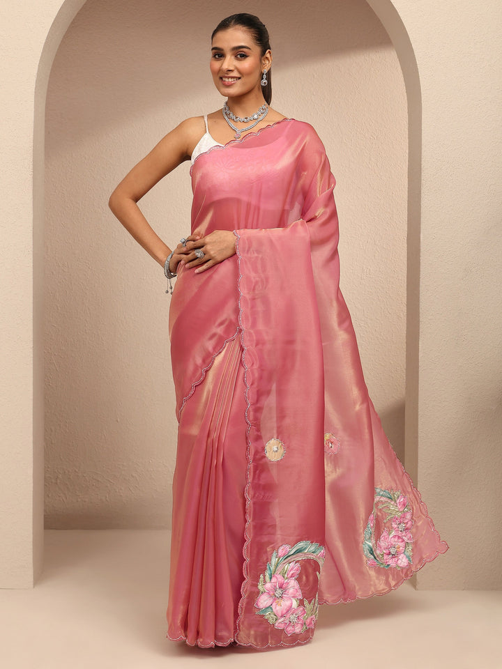 Pink Embellished Silk Blend Saree With Unstitched Blouse Piece
