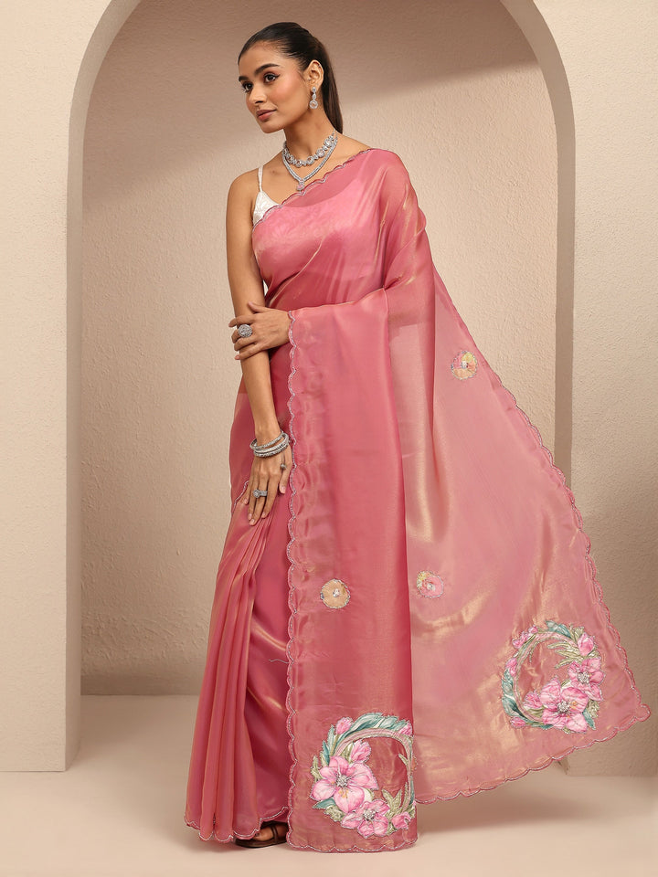 Pink Embellished Silk Blend Saree With Unstitched Blouse Piece
