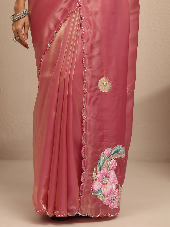 Pink Embellished Silk Blend Saree With Unstitched Blouse Piece