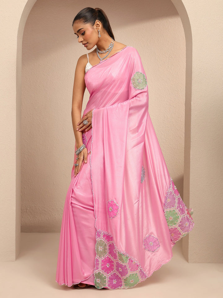 Pink Geometric Embellished Silk Blend Saree With Unstitched Blouse Piece