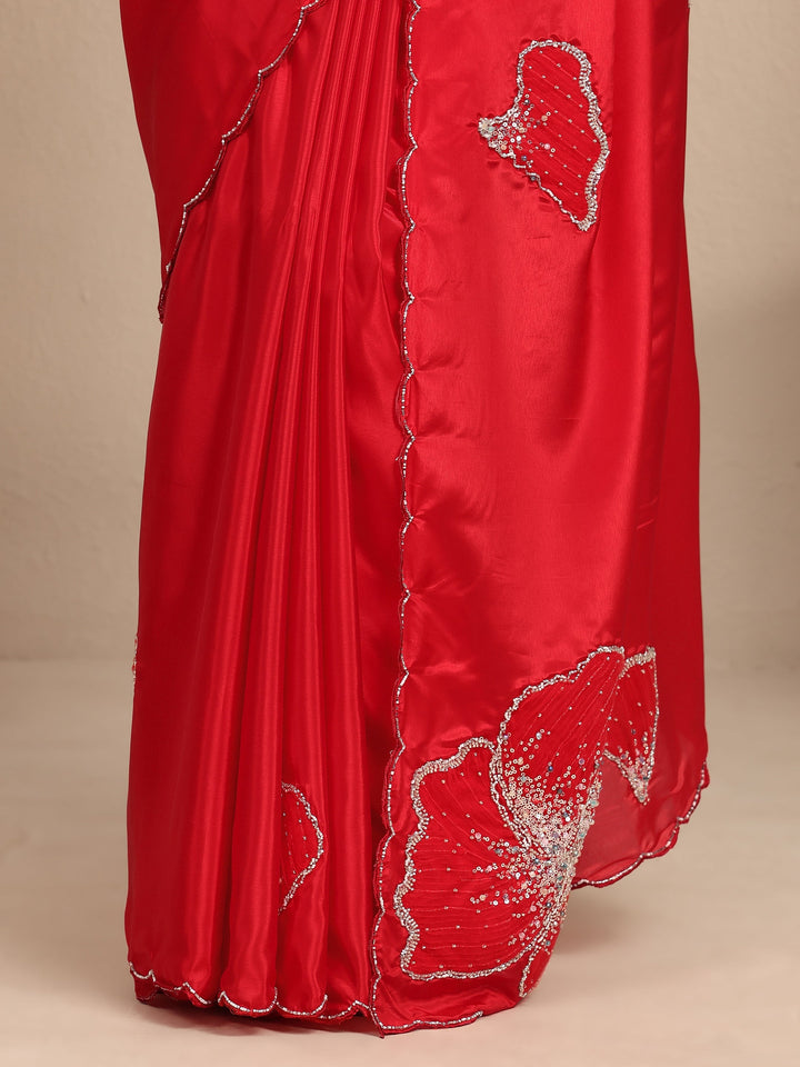 Red Embellished Silk Blend Saree With Unstitched Blouse Piece