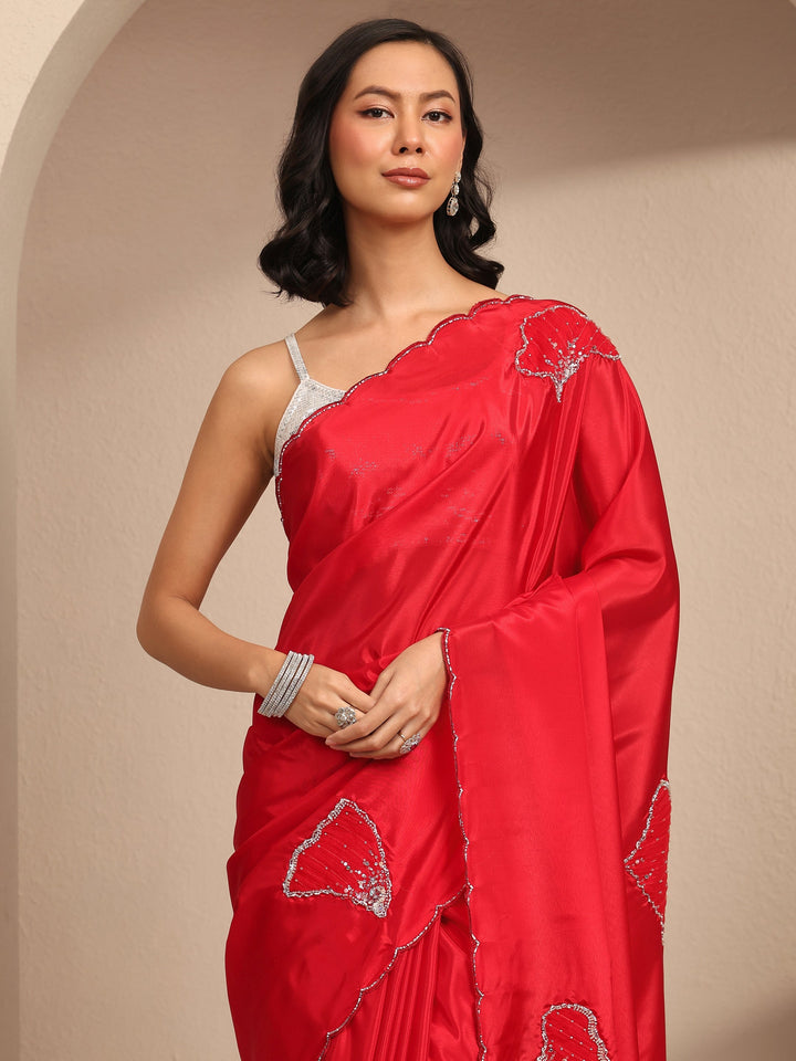 Red Embellished Silk Blend Saree With Unstitched Blouse Piece