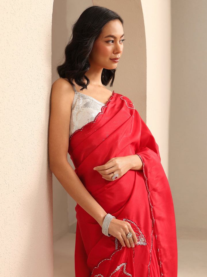 Red Embellished Silk Blend Saree With Unstitched Blouse Piece