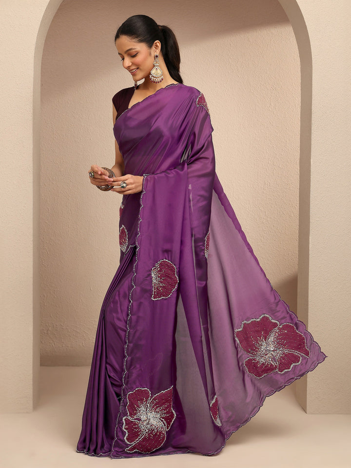 Burgundy Embellished Silk Blend Saree With Unstitched Blouse Piece