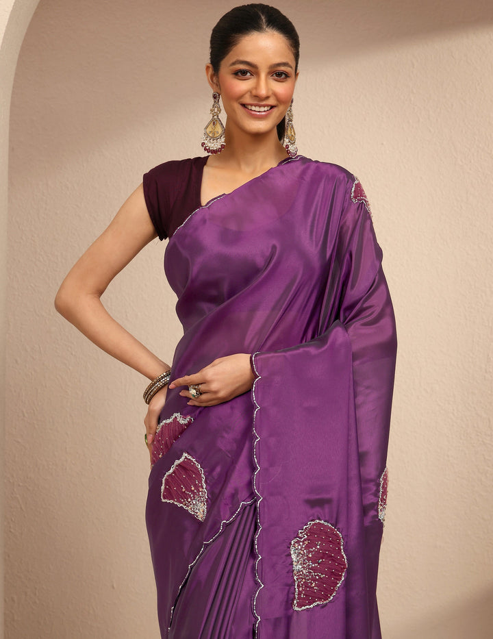 Burgundy Embellished Silk Blend Saree With Unstitched Blouse Piece