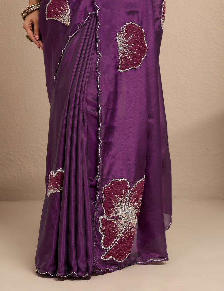 Burgundy Embellished Silk Blend Saree With Unstitched Blouse Piece