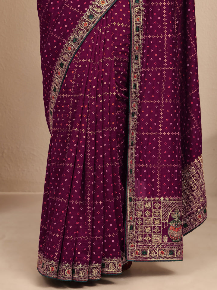 Maroon Bandhani Printed Silk Blend Saree With Unstitched Blouse Piece