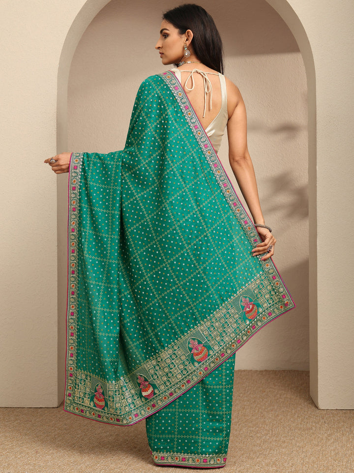 Green Bandhani Printed Silk Blend Saree With Unstitched Blouse Piece